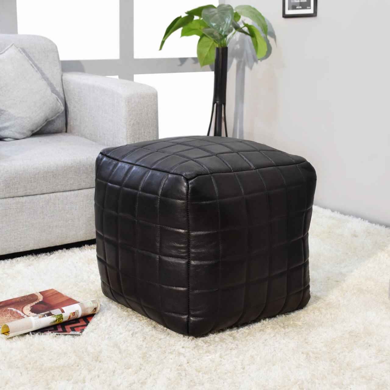 Bbh Homes Handmade Black Leather Pouf Ottomans Square Goat Leather Bbbacpf0023
